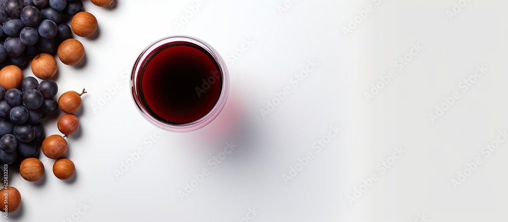 Poster photo of a glass of red wine with grapes and nuts with copy space