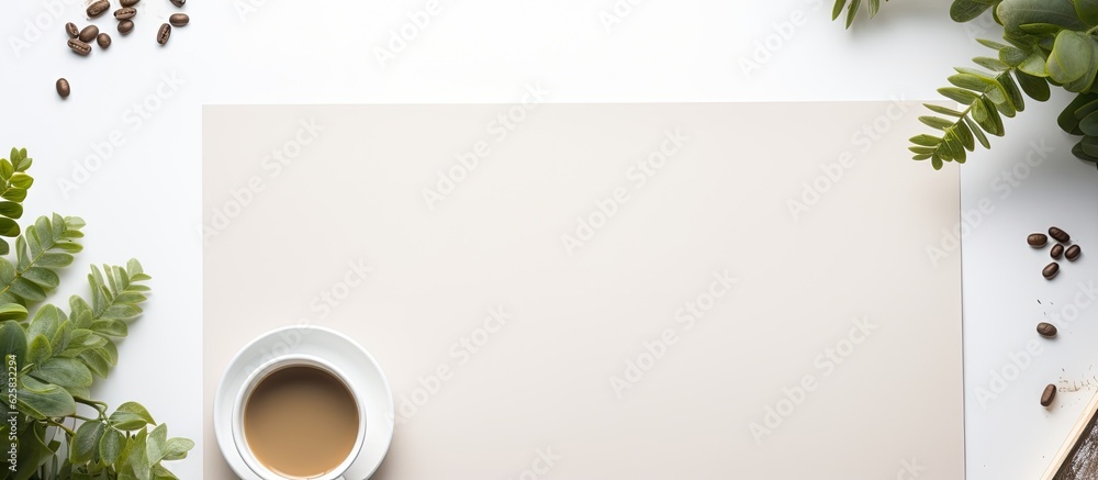 Poster photo of a cup of coffee next to a blank paper, with plenty of copy space to write or draw on with c