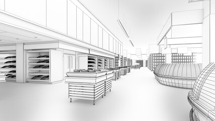 3D renderings of supermarkets selling various food items White and gray tones emphasize the lines.,3d rendering