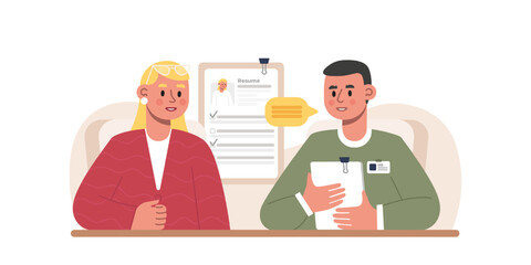 HR sitting near job seeker and talking skills. Job interview. Dialogue with recruiter. Process of passing questionnaires, discuss work duties. Work of human resources department. Flat vector