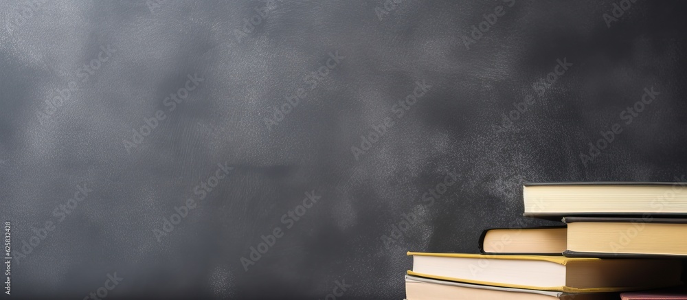 Poster Photo of a neat stack of books on a wooden table with plenty of space for text or design elements with copy space