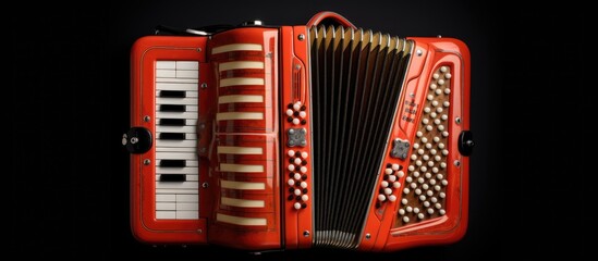 Photo of a red accordion with white keys on a black background with copy space