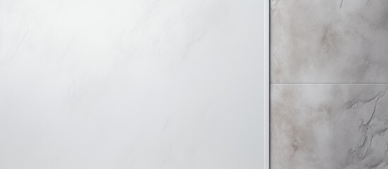 Photo of a minimalist bathroom with white tile wall and mirror with copy space