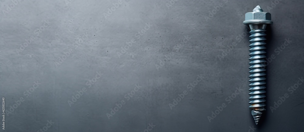Poster photo of a screw and a screwdriver on a gray background with copy space with copy space