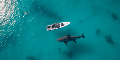 drone shot of a small boat directly from above facing a huge shark. Ocean - obrazy, fototapety, plakaty