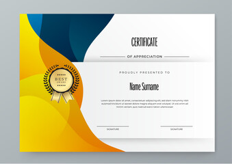 Certificate template with geometry frame and gold badge. White background design for Diploma, certificate of appreciation, achievement, completion, of excellence, award
