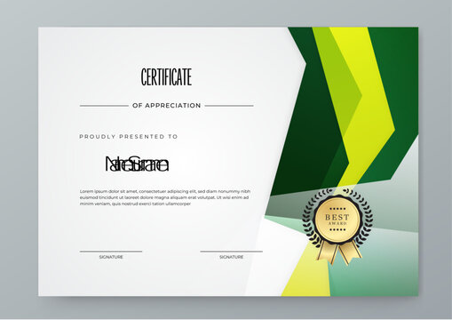 Certificate template with geometry frame and gold badge. White background design for Diploma, certificate of appreciation, achievement, completion, of excellence, award