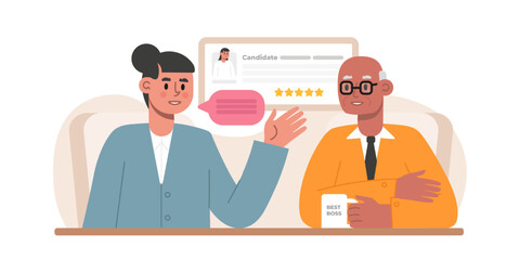 Senior HR drinking tea and listening young female. Job interview. Dialogue with recruiter. Process of passing questionnaires, discuss work duties. Work of human resources department. Flat vector