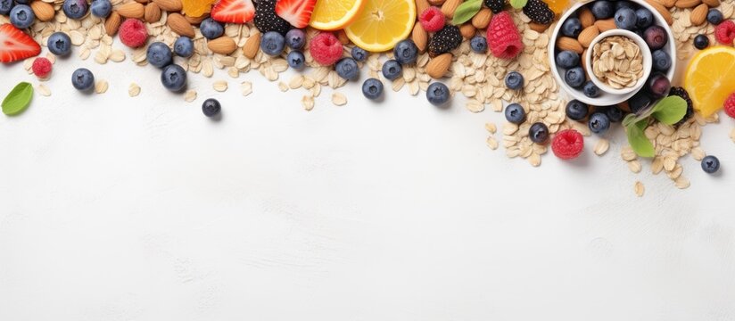 Photo of a healthy breakfast with cereal, fruit, and yogurt in a bowl with copy space