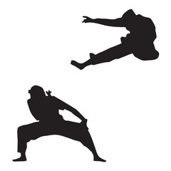 silhouettes of people being martial arts jumping and stances