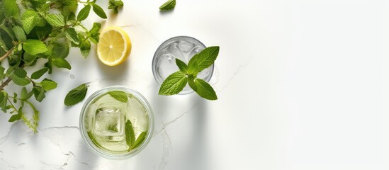 Photo of a refreshing glass of green tea with lemon slices and fresh leaves with copy space - obrazy, fototapety, plakaty