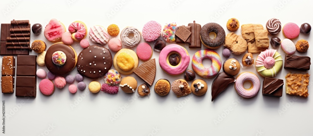 Poster Photo of a delicious assortment of doughnuts on a table with plenty of copy space with copy space
