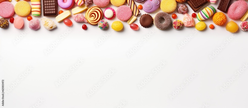 Poster photo of a colorful assortment of candies on a clean white background with copy space