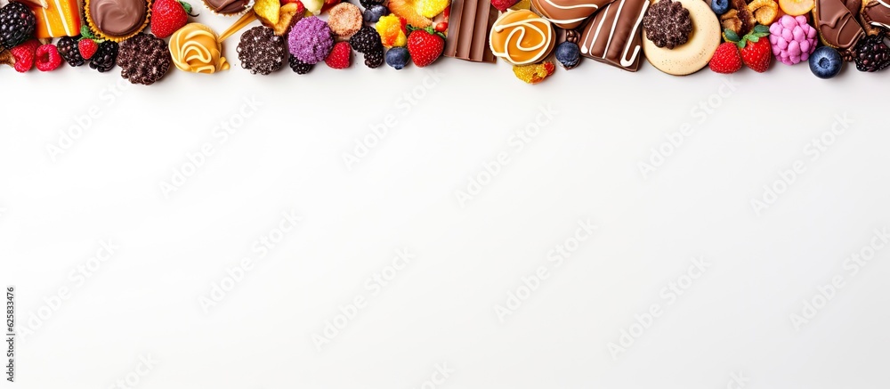 Poster photo of various types of candy on a clean white background with copy space