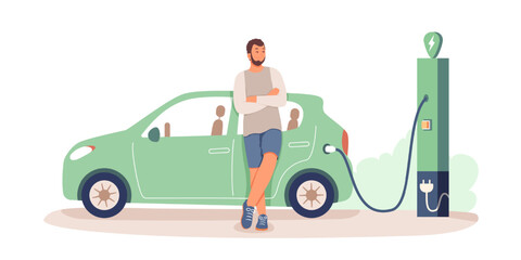Young male recharging electric car at charging station. Care for environment. Gasoline alternative concept. Green energy source in everyday life. Vector illustration