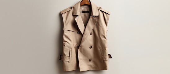 Photo of a stylish tan trench coat hanging on a wall with empty space for text or design with copy space