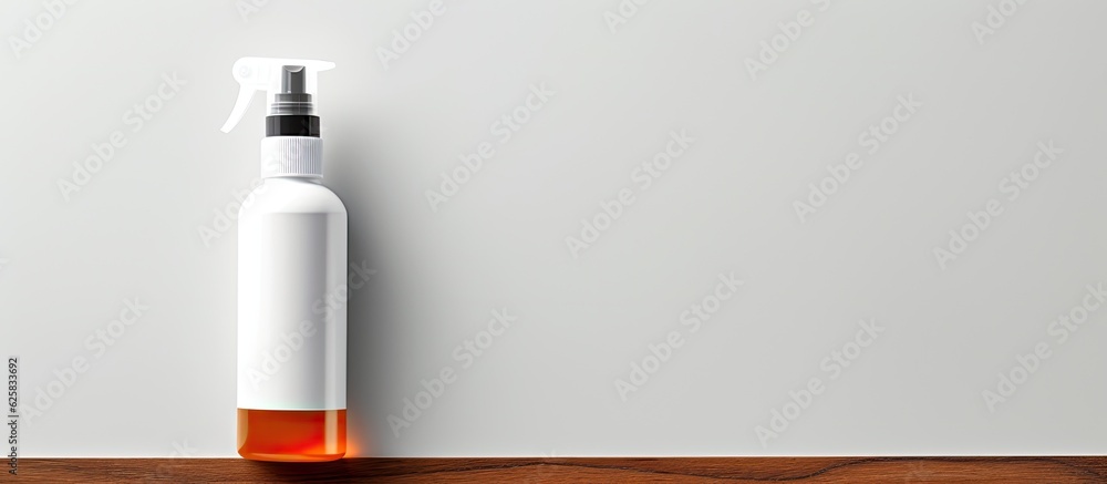 Poster photo of a white and orange bottle on a wooden table with empty space for text or graphics with copy