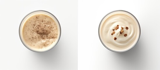 Photo of two cups of coffee with different toppings and plenty of copy space with copy space