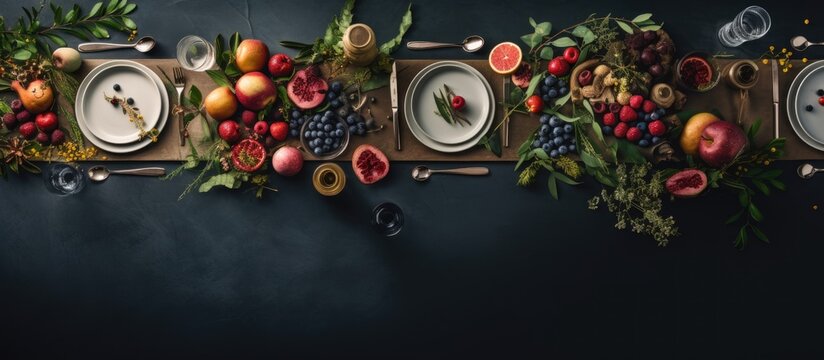 Photo of a beautifully set table with a colorful display of fresh fruits and plates with copy space
