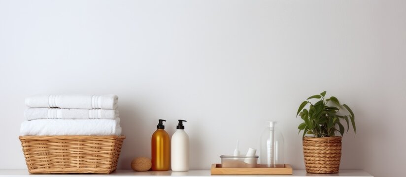 Photo of a neatly organized shelf with various bath products including soap, lotion bottles, and a basket with copy space
