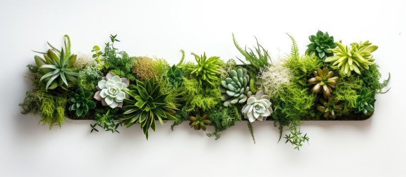 Photo of green plants hanging on a wall with copy space