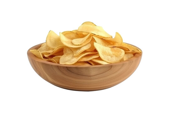  a Wooden plate of  chipsy. Realistic. Isolated on white background. Crisp detail, Generative AI