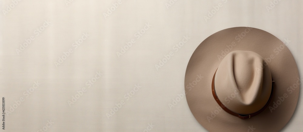Poster photo of a hat hanging on a white wall with empty space for text or design with copy space
