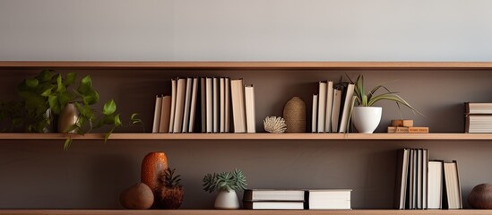 Photo of a bookshelf filled with books and plants, creating a cozy and inviting atmosphere with copy space