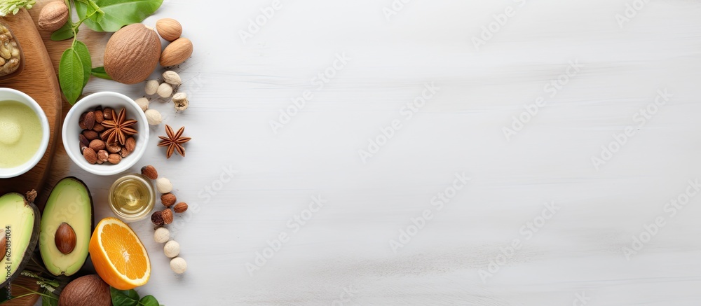 Poster photo of a colorful display of fresh fruits and vegetables on a white table with copy space
