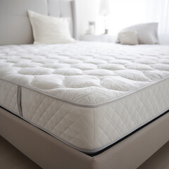 A white king size mattress with white pillows taken from a corner - obrazy, fototapety, plakaty