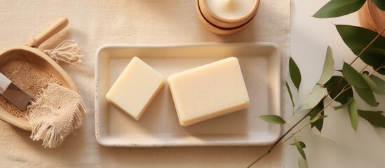 Photo of a delicious cheese plate with two different types of cheese with copy space