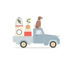 Vector illustration of a truck carrying the belongings to a new home. Relocation, moving, delivery service concept