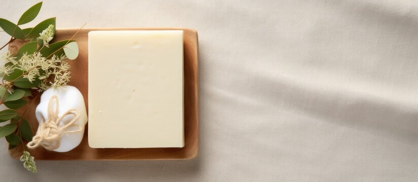Photo of a bar of soap on a rustic wooden tray with empty space for text or logo placement with copy space