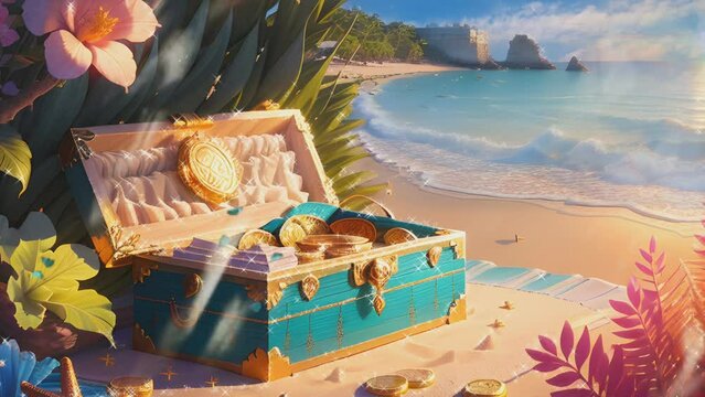 a treasure chest that opens and sparkles on a mysterious beach. Cartoon or anime watercolor painting illustration style. seamless looping 4K time-lapse virtual video animation background.