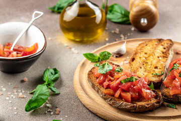 toast with tomatoes, garlic and herbs. Healthy breakfast concept. superfood concept. Healthy, clean eating. Vegan or gluten free diet