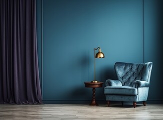 Mock-up of a chair with a lamp in a living room interior, against a background of dark blue walls, using a 3D render. Made with Generative AI technology
