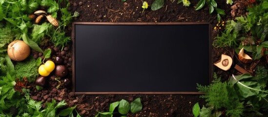 Photo of a blackboard covered in lush green plants and vibrant mushrooms with copy space