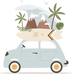 Vector illustration of a retro automobile that is going for vacations. Summer wanderlust, getaway concept.