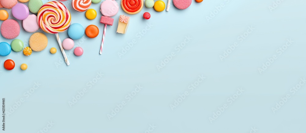 Poster photo of colorful candy lollipops on a vibrant blue background with plenty of empty space for text o