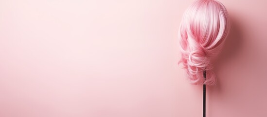 Photo of a pink wig on a stick against a pink wall with ample copy space with copy space - obrazy, fototapety, plakaty