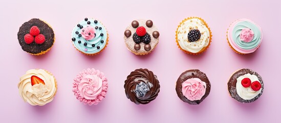 Photo of a colorful assortment of cupcakes on a vibrant pink background with copy space
