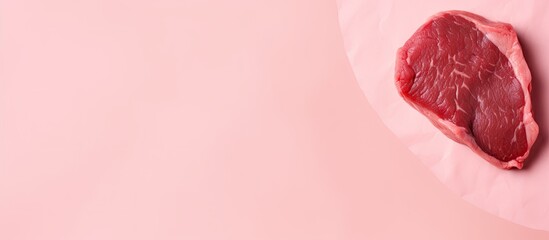 Photo of a raw piece of meat on a vibrant pink background with plenty of copy space with copy space