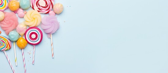 Photo of a colorful assortment of lollipops on a vibrant blue background with copy space