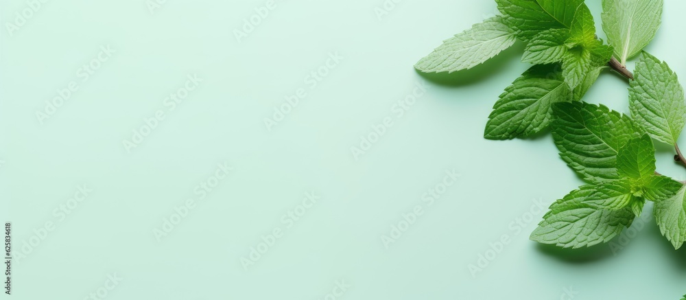 Poster photo of fresh mint leaves on a vibrant green background with plenty of space for text or design ele
