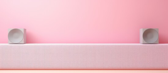 Photo of a pink wall with two speakers for a modern and vibrant interior design with copy space
