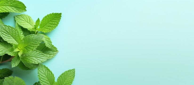 Photo of fresh mint leaves on a vibrant blue background with plenty of space for text or design elements with copy space