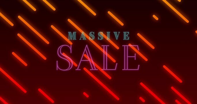 Animation of massive sale text and neon lines moving over black background - Powered by Adobe