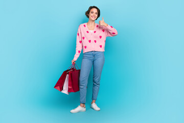 Full body size photo of friendly young woman bob hair thumb up recommendation low prices shopping...