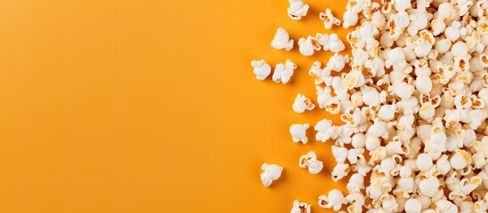 Photo of a colorful pile of popcorn on a vibrant yellow table with plenty of space for your own message or design with copy space