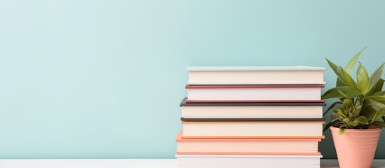 Photo of a stack of books and a potted plant on a table, creating a cozy and inviting reading corner with copy space